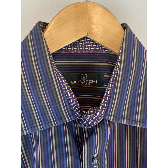 Bugatchi UOMO Mens Medium Purple Multicolored Striped Long Sleeve Button Shirt - Picture 3 of 4